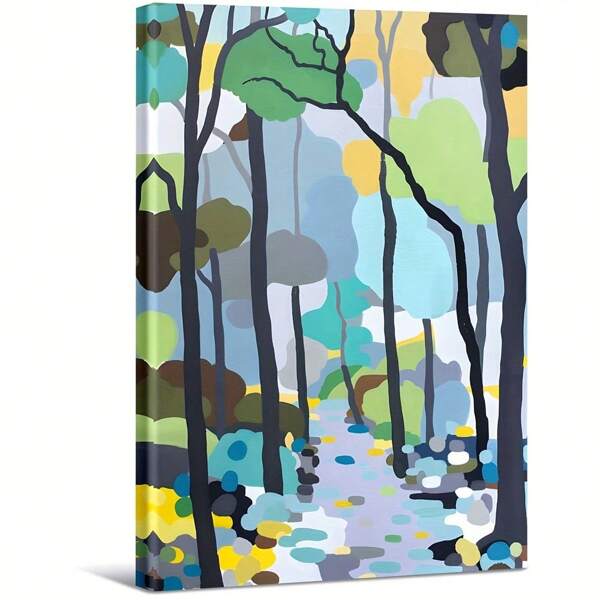 Scenario forestale astratto con alberi e terreno colorati. Grande dipinto a olio con cornice in legno, decorazione per la casa, dipinto a parete, camera da letto, bagno, soggiorno, ufficio, cucina, regali di Natale - 1 pezzo