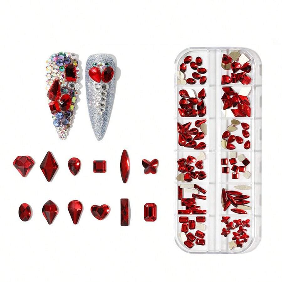 12 Grid 3D Colorful FlatBack Rhinestones Crystal Glass Gems Luxury For Nail Art DIY Decoration - Red - View 1
