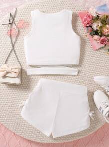 青少年女孩休闲纯色镂空背心和短裤套装，夏季 - 白色 - 查看 2