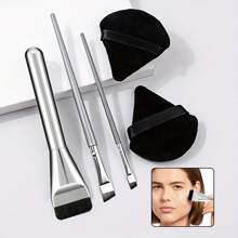 Makeup Brush Set Includes: 1pc Concealer Flat Top Brush, 2pcs Silver Ultra- Makeup Sponge Blades, 2pcs Black Triangle Makeup Sponges, Suitable For Beginners