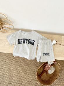 2pcs/Set Infant Boys' Casual Letter Print Short Sleeve T-Shirt + Shorts, Summer