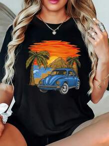 Women's Large Black Crew Neck T-Shirt - Vintage Beach Sunset Car Print, Short Sleeves Women's Plus-Size Gift T-Shirt, The Perfect Holiday T-Shirt