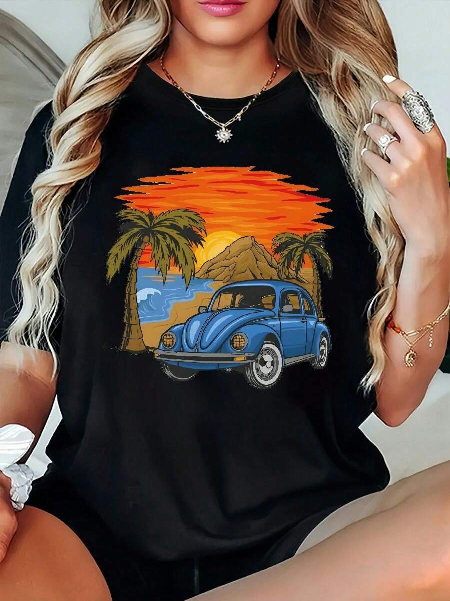 Women's Large Black Crew Neck T-Shirt - Vintage Beach Sunset Car Print, Short Sleeves Women's Plus-Size Gift T-Shirt, The Perfect Holiday T-Shirt