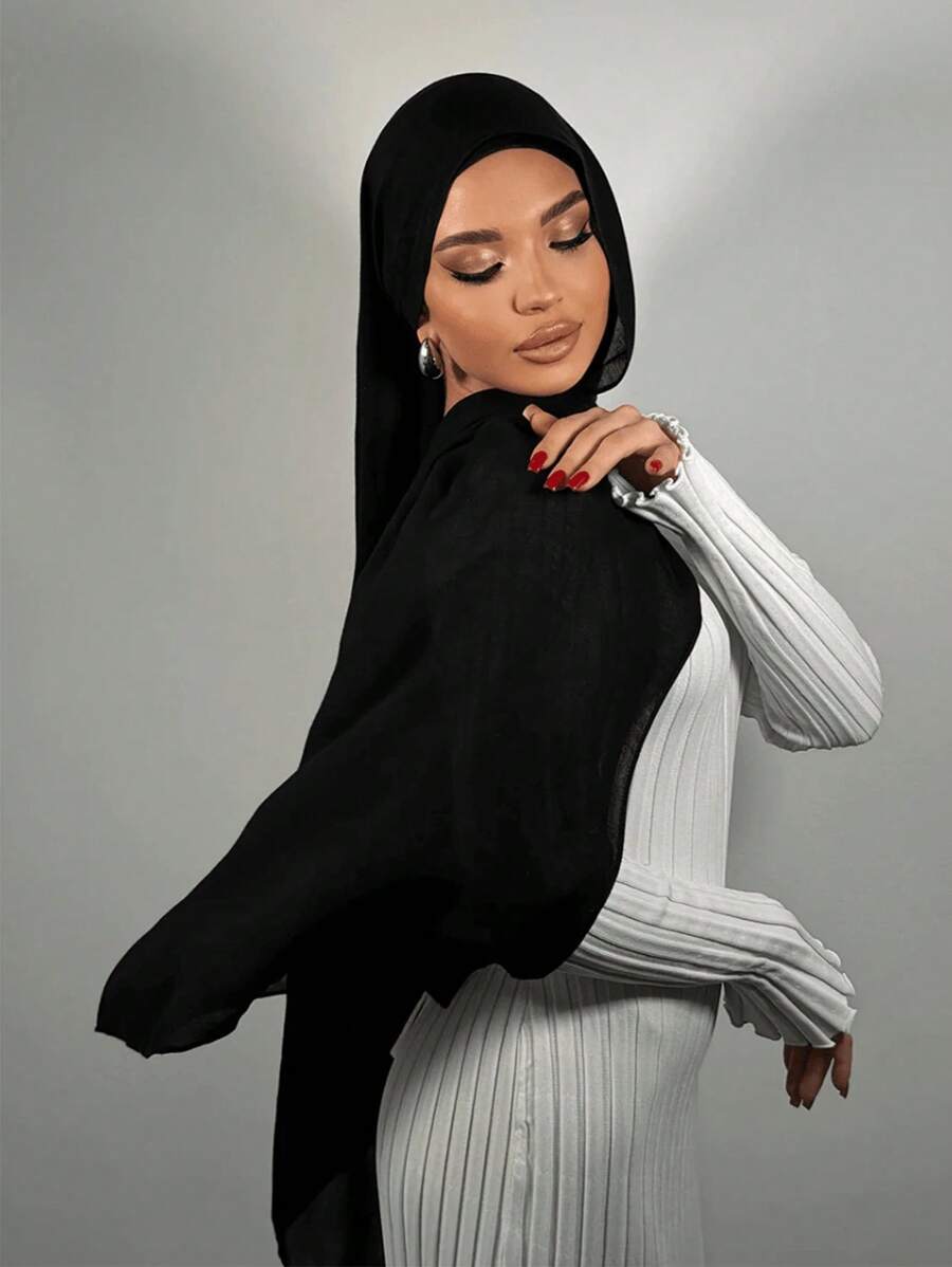 1pc Abaya Accessories Ladies' Solid Color Faux Pearl Chiffon Soft Hijab, Arabian Casual Scarf, Long Conservative Scarf For Daily Use Headband Veiled Clothes - Black - View 1