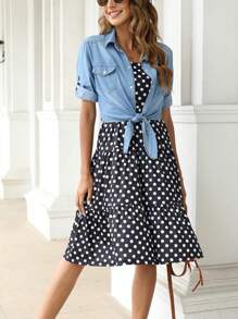 Women's Roll Up 3/4 Sleeve Shirt With Front Knot Chambray Denim Crop Top - 淺藍色 - 查看 3