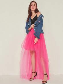 1 件纯色休闲涤纶多层衬裙，女式芭蕾舞裙网眼荷叶边不对称下摆裙，性感欧美风格