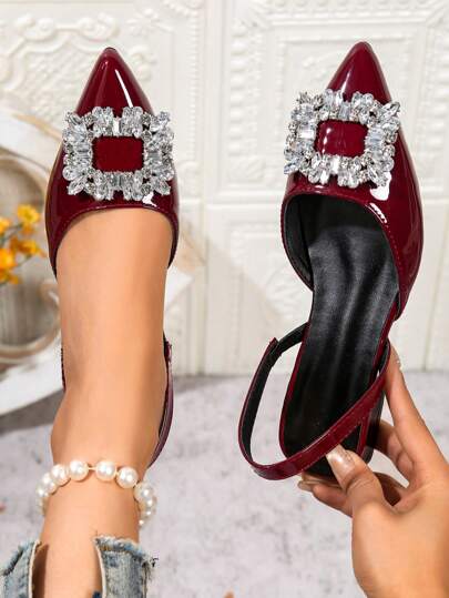 Women's Flat Slingback Shoes, New Spring/Summer Pointed Toe Low Heel Flats With Strap & Rhinestone Buckle