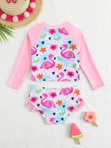 Young Girls Long Sleeve Two Pieces Swimwear - Top And Bottom - Purple - View 2