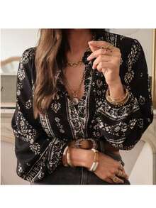 复古定位花卉优雅衬衫，超长泡泡袖纽扣休闲衬衫 - 黑色 - 查看 5