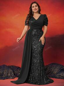 Vestido formal de fiesta de manga corta con cuello en V ajustado y lentejuelas para mujer de talla grande, vestido elegante de la madre de la novia, vestido de invitada de boda, vestido de noche