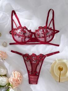 Floral Embroidery Mesh Sexy Lingerie Set, Rave - Burgundy - View 3