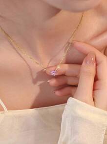 BALMORA 1pc 925 Sterling Silver Vintage Elegant Cute Sweet Mini Pink Heart Zirconia Pendant Necklace, Suitable For Women, Girlfriend, Birthday, Valentine's Day Jewelry Gift - Gold - View 2