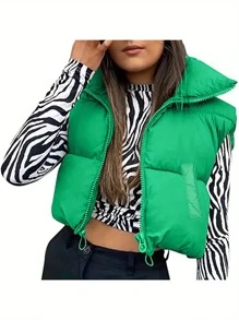 Puffer Vest For Women Sleeveless Winter Cropped Outerwear Warm Puffer Lightweight Stand-Up Collar Down With Pockets - màu xanh lá - Xem 2
