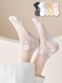 Chaussettes femmes en dentelle transparente Lolita invisibles, fines pour l'été, antidérapantes, courtes, coupe-bateaux