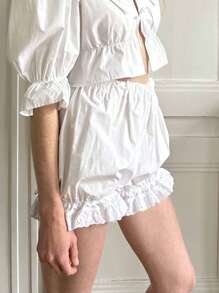 Women's Bloomers Loose Eyelet Embroidery Elastic Waist Ruffled Trim Bubble Lounge Shorts For Summer
