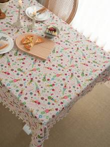 Bubaba 1pc Multi-Color Cartoon Flower Rectangular Tablecloth, Rustic Farmhouse Style Linen Print With Beige Tassel Decor, Suitable For Dining Room Round Table, Kitchen, Party, Holiday Celebration, Hotel, Cafe, Bedroom, All Seasons