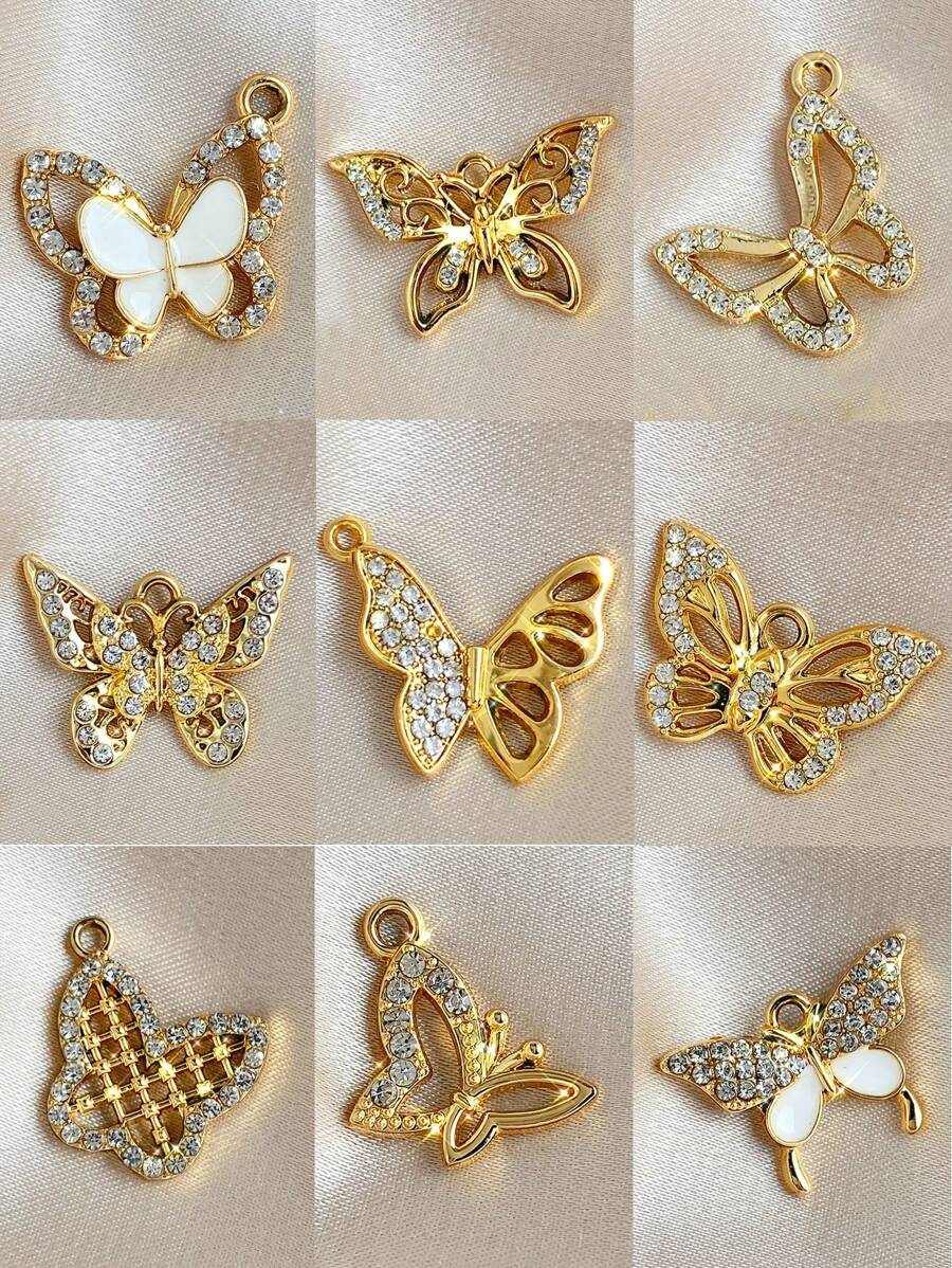 10 件/包镂空水钻蝴蝶吊坠时尚耳环珠宝配饰批发 - 金色 - 查看 1