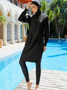 Women Modest Muslim Swimsuit Full Coverage Swimwear Islamic Hijab Swimming Burkini Swim Suit Solid Color Vacation - Black - View 3