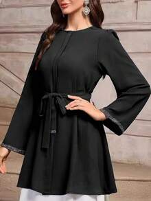 Elegant Turkish Kaftan Blouse With Rhinestone Decor, Long Sleeve With Belt - Black - View 4