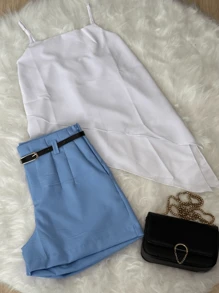 Elegant Set Of Tailored Shorts With Pocket And Free Belt Plus Asymmetrical Blouse Fashion  2025 - Baby Blue - View 3