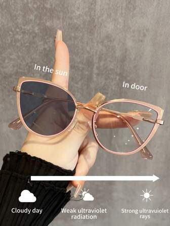 1 件装多功能女士金属猫眼镜框变色时尚眼镜，户外光敏变色，室内电脑射线，时尚百搭，适合夏季海滩度假、户外、旅行