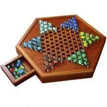 Luxury Wooden Chinese Checkers Game Set, Hexagonal Gameboard With Storage Drawer, Classic Family Strategic Board Game, Portable Tabletop Chess Game, Retro Jumping Pieces, Homestyle Version - 1PC Set With Acrylic Beads - View 12