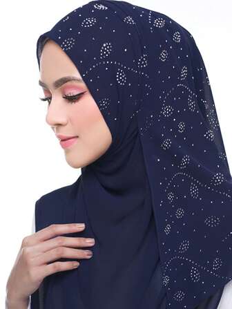 1pc Women's Pearl Rhinestone Embellished Chiffon Muslim Hijab Scarf For Abaya