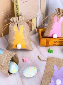 6/12个装复活节麻布抽绳礼品袋，复活节兔子麻布礼品袋带毛绒尾巴，复活节糖果袋，复活节派对用品 - 彩色 - 查看 4