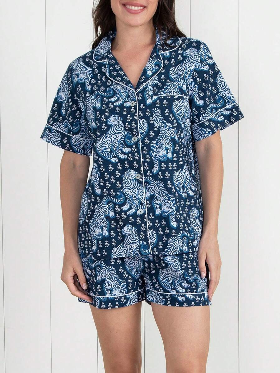 Conjunto de 2 piezas para mujer de verano, pijama informal con camisa de botones de manga corta de cuello suelto tipo "Y2K" y shorts con bolsillos - azul real - Ver 1