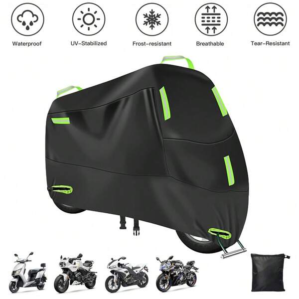 1pc 210D Waterproof Oxford Motorcycle Cover, All-Weather Protection Against Sun, Dust, Snow And UV, With Lock Hole, 7 Reflective Strips, Suitable For Bicycle, Motorcycle, All Seasons