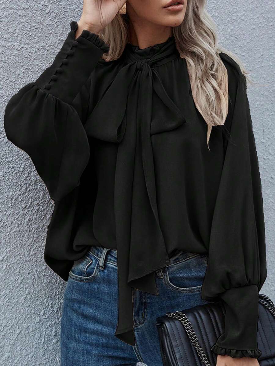 Women's Elegant Solid Color Ruffle Trim Lantern Sleeve Loose Blouse, Suitable For Daily, Office, Commuting Wear - Black - View 1