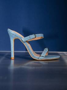 Zapatos de mujer de tacón alto con punta puntiaguda, detalles de hebilla, elegantes y versátiles, en color azul marino de mezclilla 2025