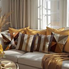 4pcs Coffee Geometric Painting Design Decorative Throw Pillow Covers, Skin-Friendly Peach Velvet Fabric, One-Sided Printed 45*45CM, Suitable For Home, Bedroom, Living Room, Sofa, Gift