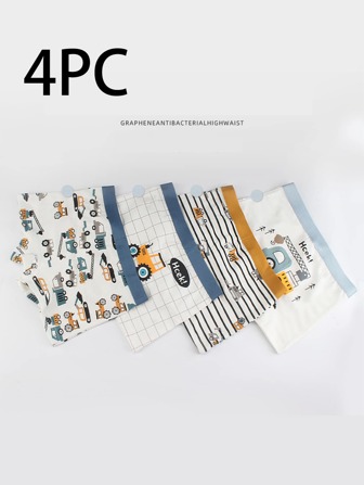 4 Pcs Comfy Young Boy Cartoon Engineering Vehicle Underwear - Soft, Breathable, Boxers Briefs For Comfortable Daily Wear - Ideal For Active Young Boys