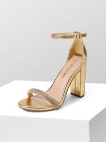 Women Rhinestone High Heeled Sandals Glamorous Chunky Heel Ankle Strap Open Toe Dressy Pump Sandals With Shiny Rhinestone Decor, For Party Wedding Prom - Gold - View 1