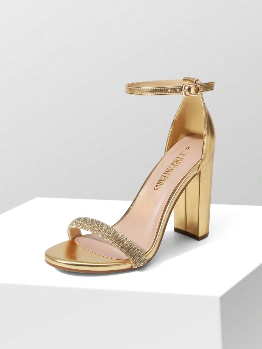 Women Rhinestone High Heeled Sandals Glamorous Chunky Heel Ankle Strap Open Toe Dressy Pump Sandals With Shiny Rhinestone Decor, For Party Wedding Prom - Gold - View 1