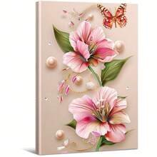 Pink Flowers Decorated With Pearls And Butterflies. Large Wooden Framed Wall Painting Artist Home Decoration Oil Painting - Bedroom, Bathroom, Living Room, Office, Kitchen, Christmas Gifts - 1 Piece - Multicolor - View 1
