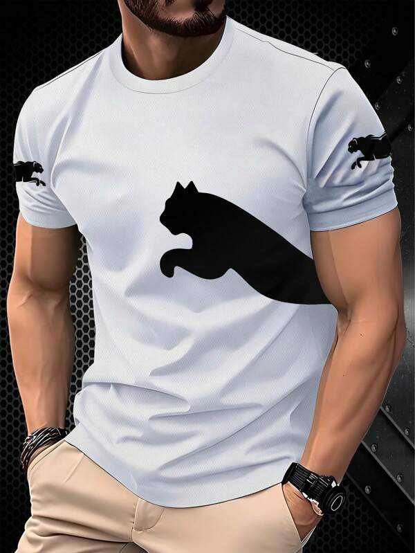Men's Casual Cat Print T-Shirt - Short Sleeve, Summer Style, White, Fashionable And Versatile