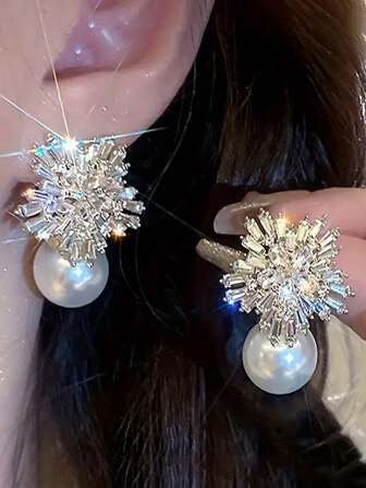 topshiny 1 par de pendientes elegantes y lujosos con rhinestones en forma de copo de nieve y perlas falsas, pendientes nupciales de estilo francés exagerado para mujeres, adecuados para fiestas y uso diario