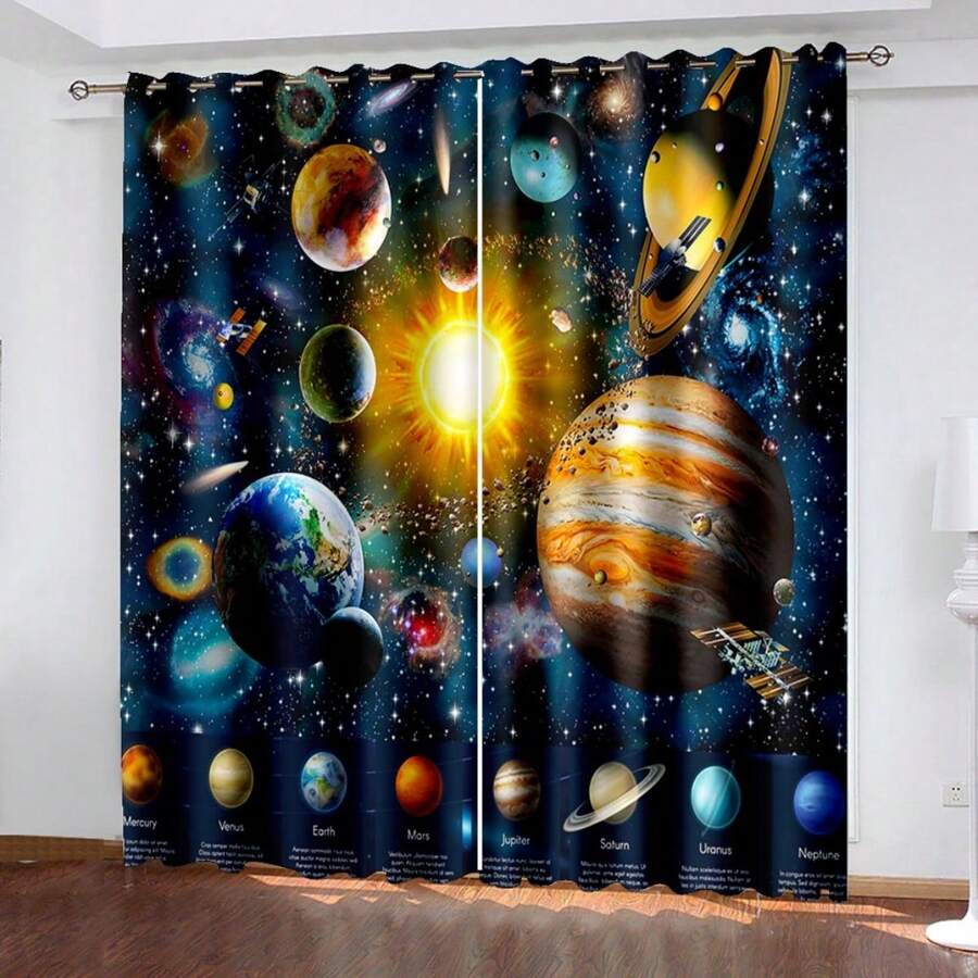 2pcs Space Planet Printed Sheer Curtains, UV Protection, Machine Washable Polyester For Living Room, Bedroom, Kitchen, Cafe, Balcony And Garden Decoration