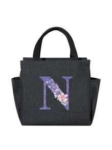 Large Capacity Insulated Lunch Bag, Letter Print - Polyester Material, Foldable Design, Suitable For Outdoor Picnic And School - Perfect Gift - Black - View 6