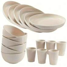 18pcs/Set Dinnerware Set, Ins Style Beige Vertical Stripe & Black Horizontal Stripe Plates, Bowls, Cups Combination, Simple Elegant Healthy Tableware For Home, Dining Room, Kitchen, Picnic, Party, Wedding, Holiday,School Supplies