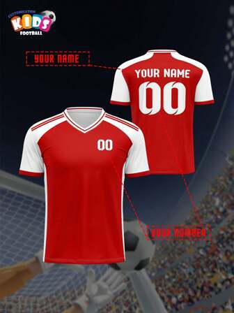Camiseta de fútbol de cuello en V para niños, parte superior transpirable y de secado rápido para primavera/verano, personalizable con nombre y número, unisex para jóvenes, ropa deportiva cómoda para correr al aire libre, rojo y blanco