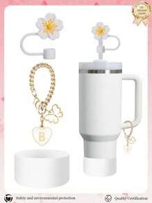 3pcs Accessories Designed For 30-40oz Cups, Pink Letter Cup Marker & Silicone Hibiscus Flower Straw Caps, , Reusable Straw Caps For 10mm Large Diameter Straws, Cute LetterStanley AccessorySelf-Adhesive Chenille Letter,Cup Accessories.Compatible With Stanley Backto School /Beach Essentials