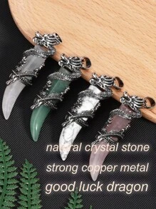 1pc Vintage Man Crystal Necklace Dragon Natural Stone Rose Quartz Black Obsidian Tiger Eye Amethyst Pendant Stainless Steel Necklaces Amulet H181 - Necklace - View 2