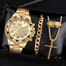 4 件男士手表套装时尚休闲男士大表盘不锈钢石英表免费项链手链戒指 - 4pcs set - 查看 2