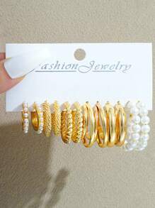 12 件套优雅人造珍珠和树脂心形花环耳环，女士度假约会派对礼物日常佩戴配饰 - 款式1 - 查看 12