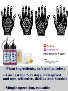 6件套海娜手部模板染料膏套装（2对左右手模板+2瓶纹身染料膏）多图案男女通用临时纹身手绘防水假纹身模板套装 - 彩色 - 查看 3