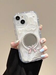 Funda de espejo de maquillaje decorativo con mariposa blanca de gota de pegamento, compatible con iPhone 16 Pro Max/15/14/13/12/11, resistente al agua, a los golpes y a los arañazos