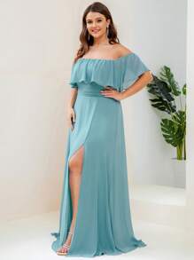 EVERPRETTY Vestido de dama de honor formal con hombros descubiertos y abertura en el muslo, talla grande - Azul Cadete - Ver 3